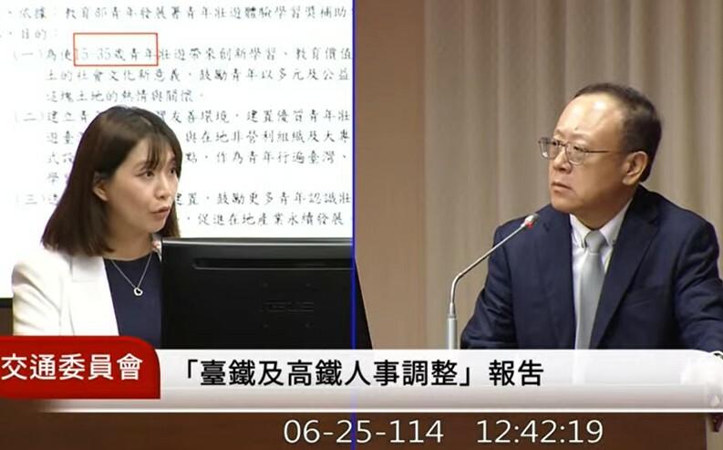 民進黨立委張雅琳25日質詢新高鐵董事長史哲時,呼籲開放青年搭乘高鐵全時段折扣。(直播截圖)