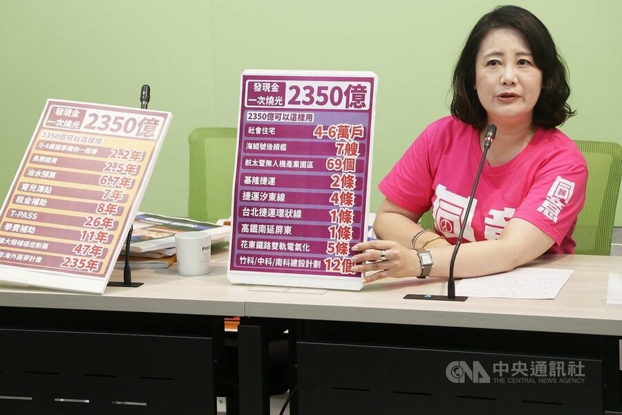 民進黨立委吳思瑤14日列舉普發現金的2300億元可以做哪些政策,並批評藍白作法恐違憲。(中央社示意圖)